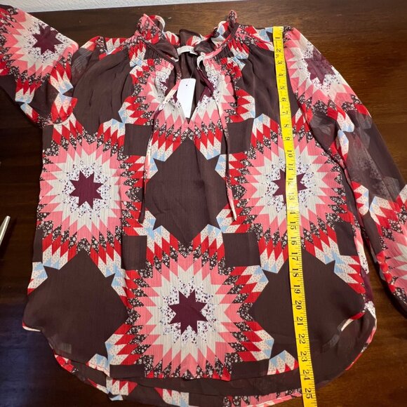 NWT Western Aztec Brown Country Rustic High Neck Top Ruffle Flowy Loose Medium - Picture 10 of 10